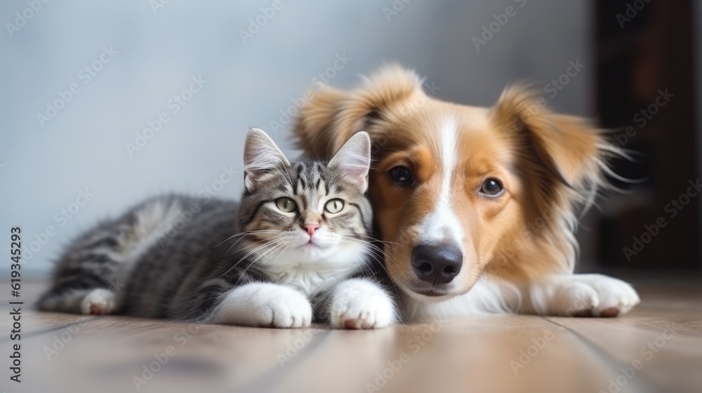 Cute dog and cat together background with copy space