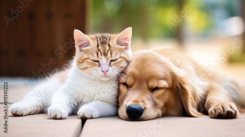 Cute dog and cat together background with copy space