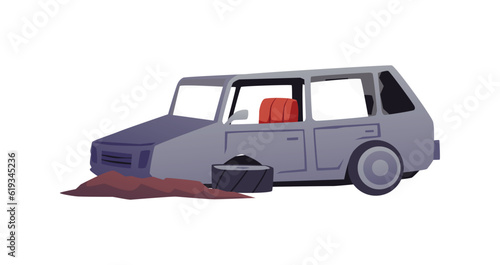 Broken and abandoned car, cartoon flat vector illustration isolated on white background.