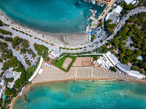 Aerial topdown view of the famous Astir luxury retreat beach at the Vouliagmeni district of Athens  Greece