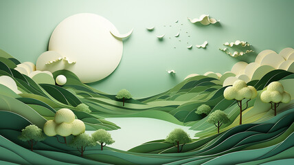 Leinwandbilder Olivgrün greeting card, green abstract landscape in the style of paper sculpture. Generative AI  © kichigin19