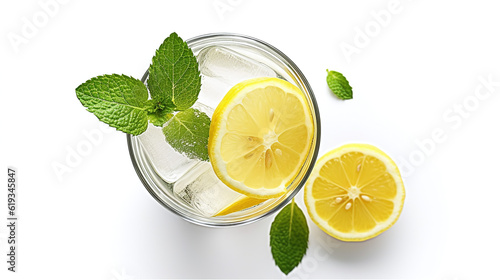 Glass of soda drink with lemon slices and mint isolated on white background. From top view. Generative Ai