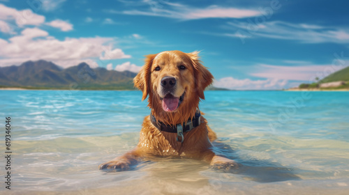 Golden Retriever dog is on summer vacation at seaside resort and relaxing rest. Generative Ai