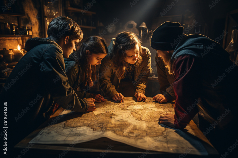 a group of friends huddled around a map, their fingers tracing routes and landmarks, engrossed in planning their next adventure together. Generative AI