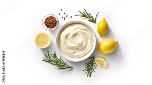 Homemade mayonnaise and mayonnaise ingredients isolated on a white background. Top view. Generative Ai photo