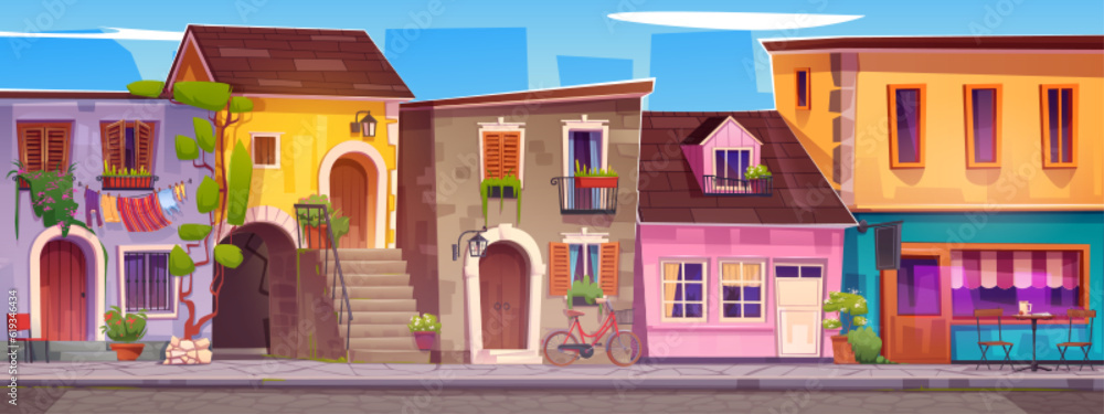 Italy old vintage city street vector illustration. Italian european town with cafe in retro house building. Summer european architecture village landscape. Urban restaurant and mediterranean facade