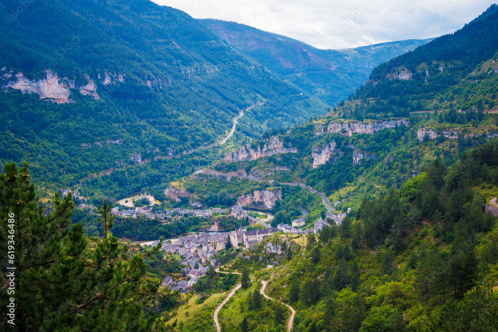 Sainte Enimie village aerial view- Tarn of Gorge,  Lozere, Aveyron, Occitanie in France