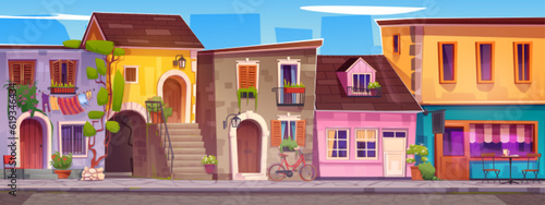 Italy old vintage city street vector illustration. Italian european town with cafe in retro house building. Summer european architecture village landscape. Urban restaurant and mediterranean facade