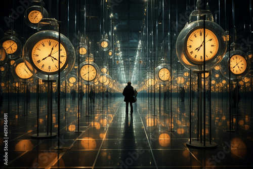clocks set to different time zones, surrounded by mirrors, reflecting the constant movement and global reach of busy people as they navigate different time zones and international Generative AI