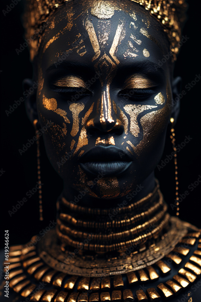 Portrait of a beautiful young girl with golden paint running down her face. Dark black background. Illustration, Generative AI.