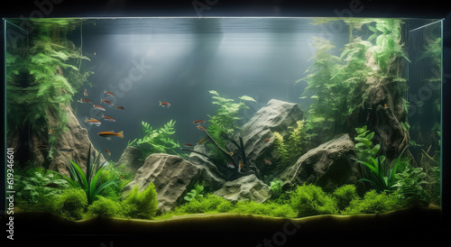 A captivating nature aquarium with underwater plants  driftwood  rocks  and fish  showcasing a harmonious aquascape design  generative AI