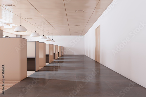 Modern coworking office interior with partitions and furniture. 3D Rendering.
