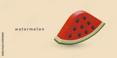 Triangular slice of ripe watermelon with seeds. Isometric illustration in plasticine style. Summer fruit served. Sliced red watermelon. Poster for advertising desserts, grocery store