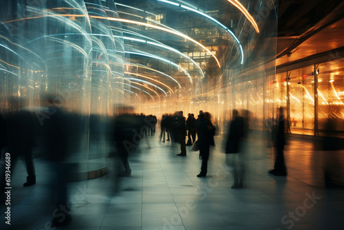 busy people in motion, using long exposure techniques to convey the sense of constant activity and the passage of time. Generative AI