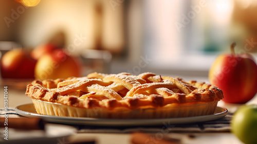 Fresh delicious apple pie on blurred kitchen background. Generative Ai
