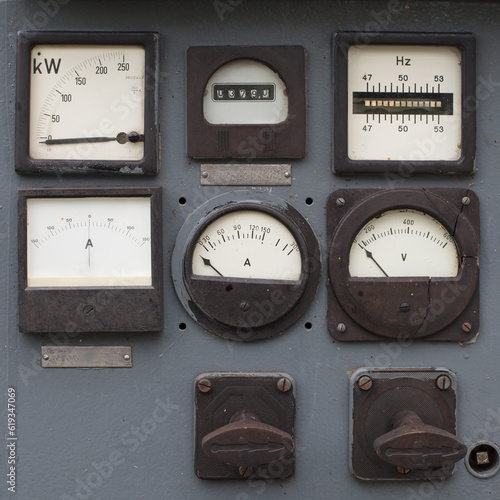 Close-up old control panel of factory machine. Retro Industrial technology