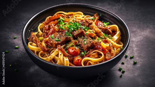 Pasta fettuccine with beef ragout sauce in black bowl. Grey background. Copy space. Top view. Generative Ai