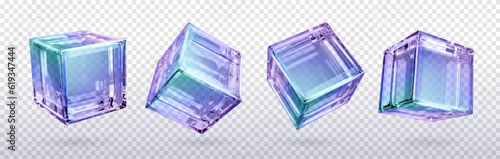 3d crystal light holographic glass cube vector isolated icon. Realistic geometric translucent block shape set with purple hologram refraction on different view. Futuristic gradient material clipart