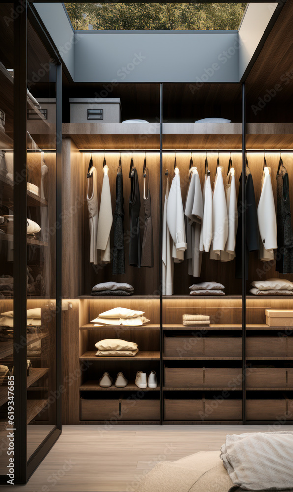 A contemporary, upscale, built-in wooden walk-in closet with shelves, drawers, concealed lighting, and arranged clothing and storage boxes on a bedroom's carpeted floor, interior design 3D background A contemporary, upscale, built-in wooden walk-in closet with shelves, drawers, concealed lighting, and arranged clothing and storage boxes on a bedroom's carpeted floor, interior design 3D background