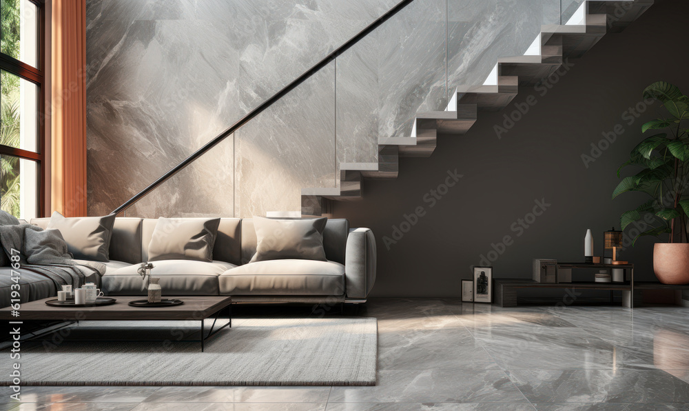 A modern gray marble stone stair with a tempered glass panel and black steel handrail in a beige living room with a sofa in sunlight from a window on granite floor. 3D interior background. A modern gray marble stone stair with a tempered glass panel and black steel handrail in a beige living room with a sofa in sunlight from a window on granite floor. 3D interior background.