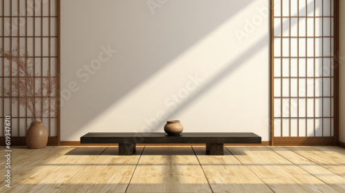 Japanese-style room for East Asian interior design décor, architecture, and product display background with tatami mat floor, wood shoji window in sunshine, and shadows cast by grills on white wall.  photo