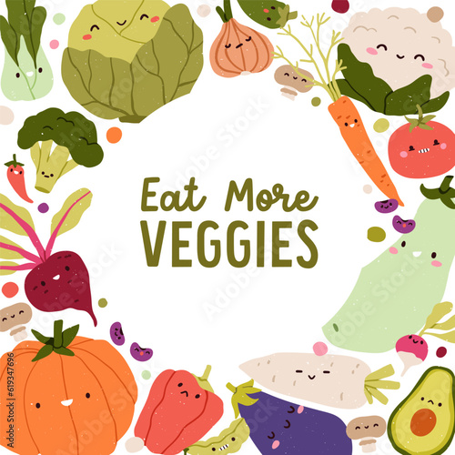 Healthy vegetables frame, organic vegetarian card design. Cute funny veggies ...