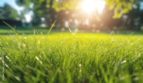 Summer background with blurred bokeh, green grass and sunbeams.