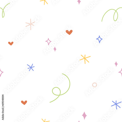 Abstract creative seamless pattern. Endless background, scribble texture design, doodle elements, shapes. Hearts, lines, stars, squiggle and curls, repeating print. Flat vector illustration for fabric
