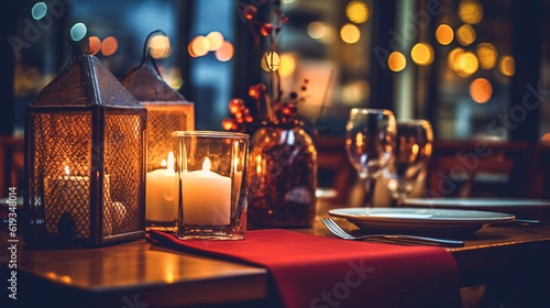 romantic dinner setup, red decoration with candle light in a restaurant. Selective focus. Vintage color. Generative Ai