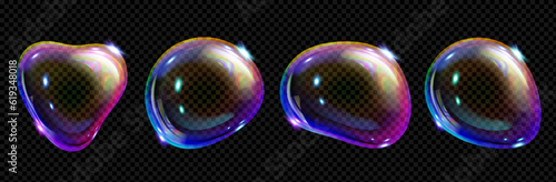 3d iridescent fluid glass spectrum foam vector. Realistic transparent soap bubble with dreamy neon rainbow light texture. Shampoo or powder abstract blow object icon. Clear soapy detergent air sphere