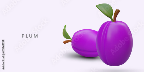 Two ripe realistic plums with green leaves. Violet prune ready for drying. Fruits in plasticine style. Concept for grocery stores, cooking pages, diet apps