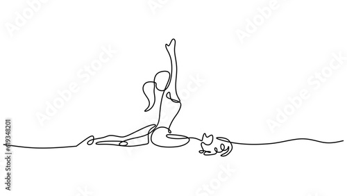 Cat yoga women continuous line art drawing. Single sketch artwork healthy concept.