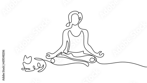 Cat yoga women, continuous line art drawing. Single sketch artwork with exercise and body healthy lifestyle.