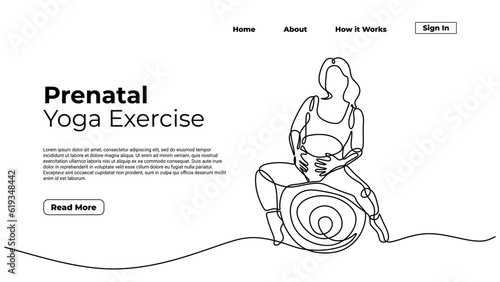 Pregnant woman continuous line drawing, landing page concept illustration vector, fitness sport design.