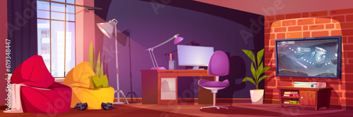 Teen girls room interior with video game on tv. Vector cartoon illustration of tidy apartment with desktop computer, television screen on wall, joysticks on floor, armchairs, cityscape view in window