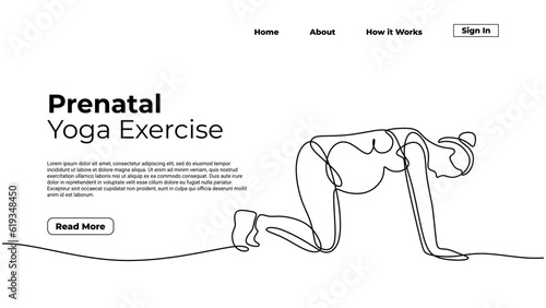 Prenatal yoga one line art drawing. landing page template web concept.