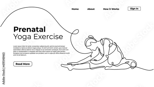Pregnant mother doing yoga, continuous one line drawing. Sketch art illustration landing page template.