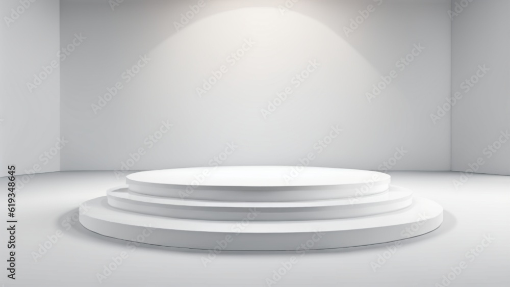 Obraz premium Shiny white round pedestal podium. Abstract high quality 3d concept illuminated pedestal by spotlights on white bakground. Futuristic background useful for banners flyers or web. 3d render. Template