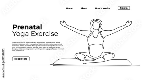 Pregnant mother doing yoga, continuous one line drawing. Sketch art illustration landing page template.
