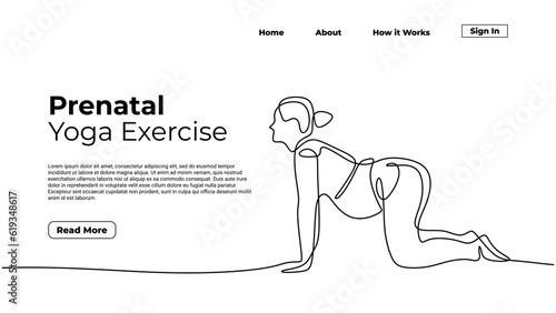 Pregnant mother doing yoga, continuous one line drawing. Sketch art illustration landing page template.