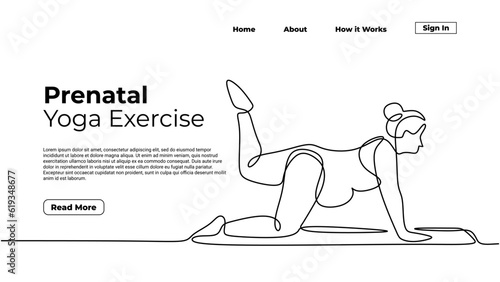 Pregnant mother doing yoga, continuous one line drawing. Sketch art illustration landing page template.