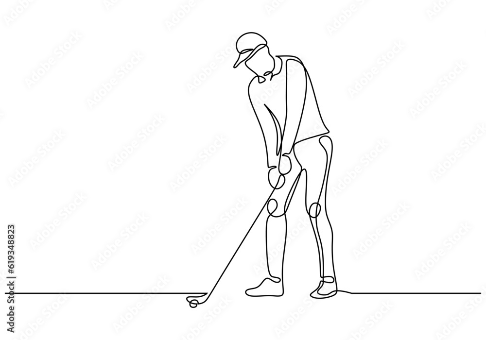 Man playing golf, continuous one line drawing. Minimalist hand drawn sketch contour hand drawn. Sport game and hobby theme. Man playing golf, continuous one line drawing. Minimalist hand drawn sketch contour hand drawn. Sport game and hobby theme.