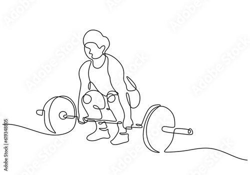 Weight training drawing of woman muscle vector. Female holding barbell continuous one line drawing.