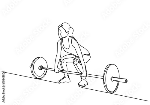 Weight training drawing of woman muscle vector. Female holding barbell continuous one line drawing.