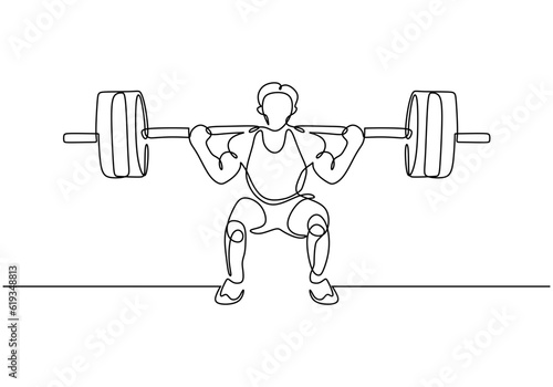one line drawing weight lifting. Muscle exercise at gym, a man doing fitness sport.