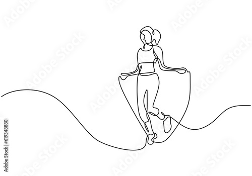 One line drawing woman skipping sport theme. Continuous hand drawn illustration vector. Editable stroke.
