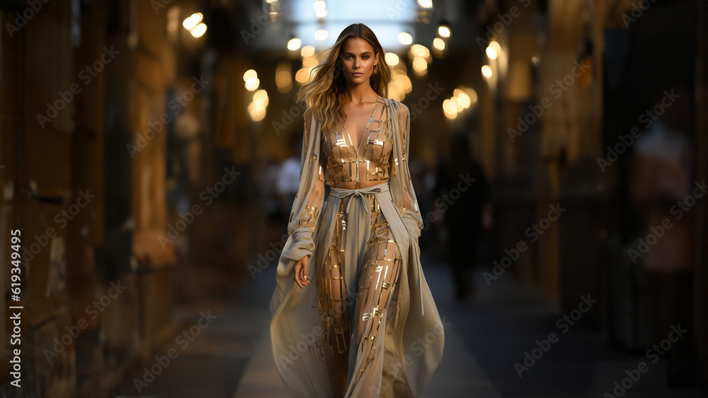 Schönes Model mit festlichen goldfarbenen Abendkleid beim Catwalk in Ganzlichter, ai generativ