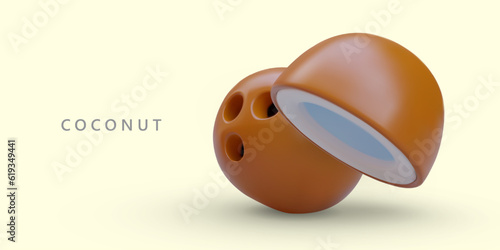 Realistic whole and half coconut. Natural edible product. Tropical aromatic nut. Dietary snack, supplement for baking, desserts. Concept for web design