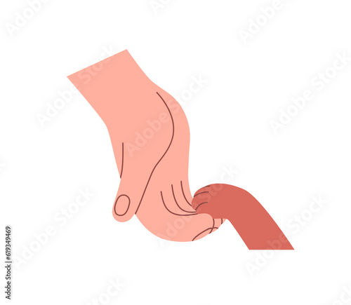 Giving cute cats paw in person hand. Human and animal relationship, love, care concept. Obedient faithful kitty touching owner, volunteer. Flat graphic vector illustration isolated on white background