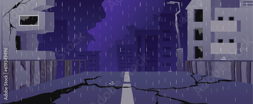Vector raining in the night ruined city illustration, broken road and buildings, ruins, Destruction, post-apocalyptic